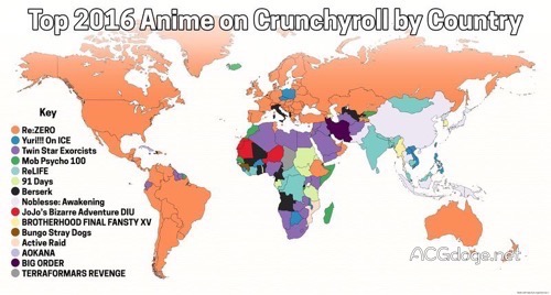 非洲人民偏爱阴阳师，Crunchyroll 公布 2016 年全球动画人气分布图 - ACG17.COM